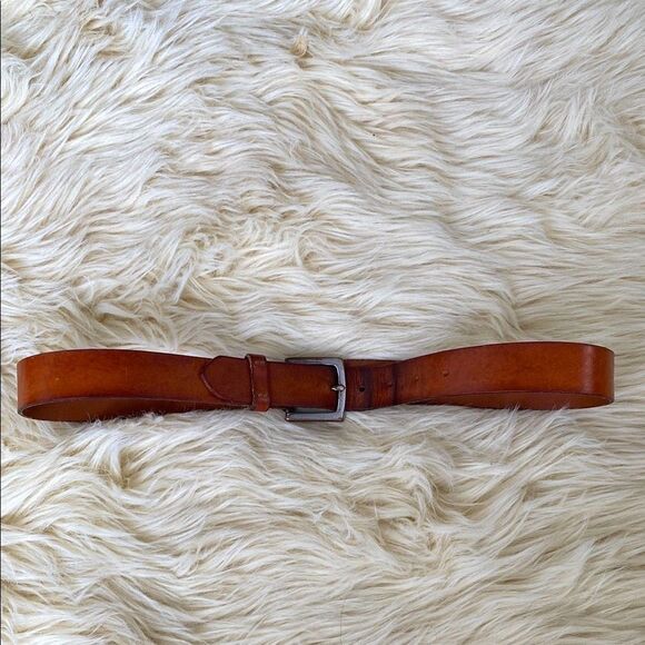 Vintage J. Crew Cognac Brown Italian Leather Belt Silver Buckle Made in USA M-L - Picture 2 of 8